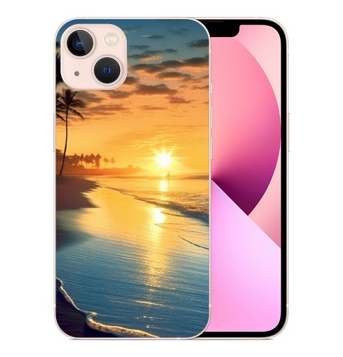 Shangniulu Compatible for iPhone 13 Case, Aesthetic Beach Palm Sunrise iPhone Case Drop Protection Slim Shockproof TPU Clear Case Gift for Men Women